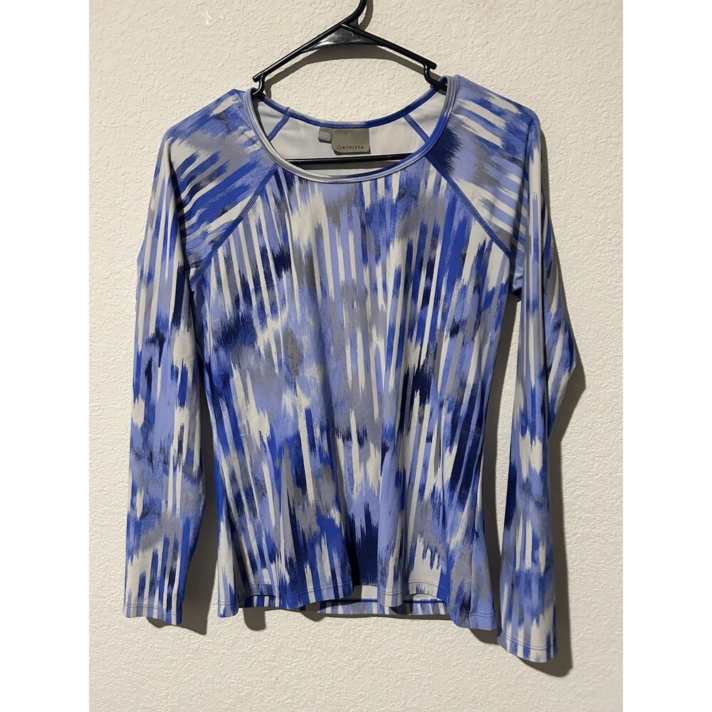 Athleta Womens Top Activewear Size Medium Blue White Geometric Long Sleeve